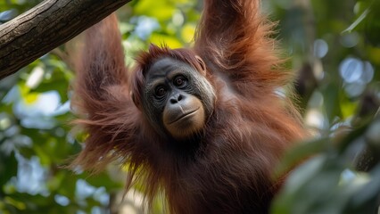 Naklejka premium Wild Orangutan Hanging on Tree in Tropical Forest