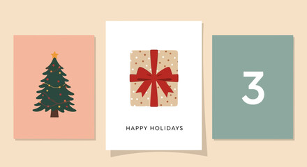 Festive Holiday Cards Christmas Tree, Gift Box, and Countdown Number 3 for Celebrations