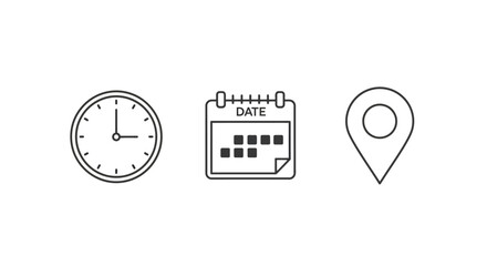 Set of three icons representing time, date, and location, ideal for various informational and organizational purposes