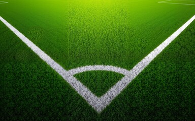 Green synthetic grass sports field with white line shot from above. Soccer, hurling, lacrosse, rugby, football, baseball sport concept. High quality