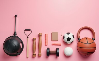 A collection of various sports equipment on a bright pink background. High quality