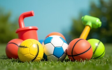 Colorful sports equipment on artificial grass; summer fun; ready for play; background for kids' party. High quality
