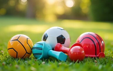 Colorful sports equipment on artificial grass; summer fun; ready for play; background for kids' party. High quality