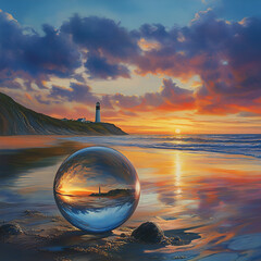 Sunset with Glass Sphere Reflecting the Landscape, Sunset in a Glass Sphere, Reflective Sunset Landscape, Tranquil Sunset Reflection, Glass Sphere by the Sea, Sunset Reflection in the Sphere, Coastal 