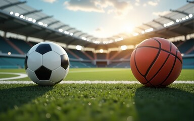 Frame of sport balls - football, basketball on football field. Copy space. High quality