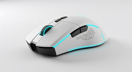 A white  black gaming mouse w blue LED accents sits on a white surface angled towards the viewer Visible are buttons scroll wheel  side detailing