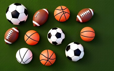 Various sports balls, including football, soccer, basketball, and others, scattered on green grass, copy space. High quality