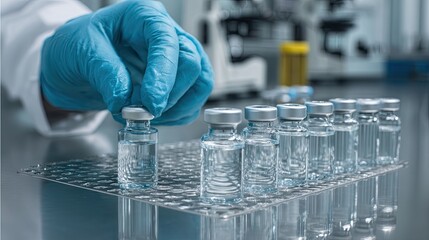A Professional Scientist in a Laboratory Carefully Handling a Glass Vial with a Rubber Stopper While Seated at a Sterile Laboratory Bench Surrounded by Laboratory Equipment