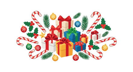 Festive collection of Christmas presents candy canes and holiday decorations.