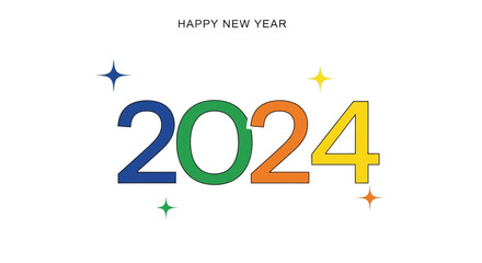 Vibrant and Modern 2024 New Year Celebration Design with Sparkling Stars on a Clean White Background, Symbolizing a Fresh Start and Bright Future