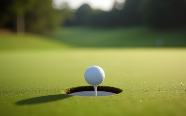 Golf ball near the hole on a pristine green course, capturing the tension and focus of a critical putt in the classic game of golf. High quality