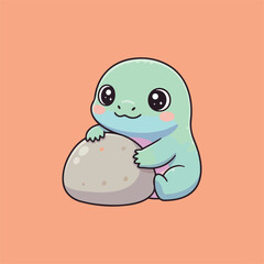A cartoon illustration of a cute, light green lizard with big, sparkling eyes hugging a gray stone, all set against a light orange background.