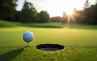 Golf ball near the hole on a pristine green course, capturing the tension and focus of a critical putt in the classic game of golf. High quality