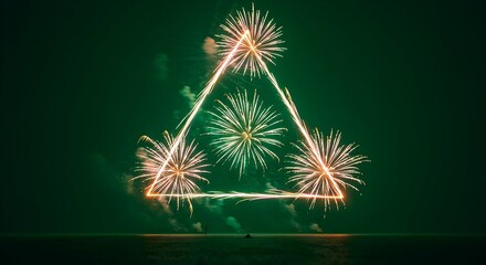 Celebrating with Fireworks Display Forming a Triangle Over Water
