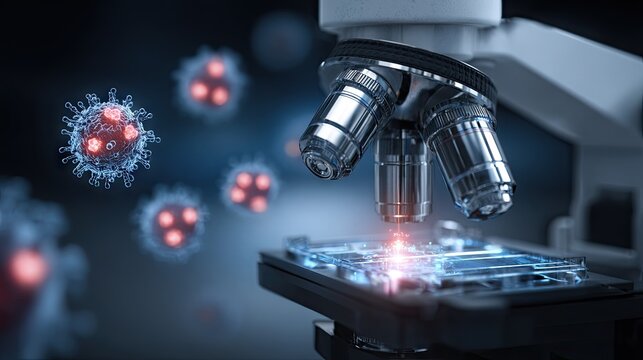 Close-Up View of a Modern Microscope with Virus Structures, Highlighting Medical Research and Scientific Exploration in a Laboratory Setting, Focusing on Pathogens and Biological Elements