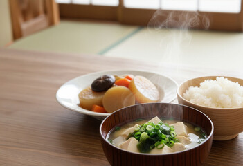 湯気立つ温かい和食の食卓：健康的な家庭料理で心和むひととき