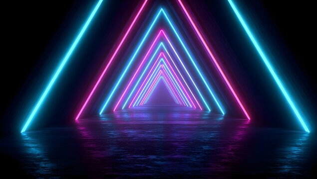 Infinite triangular tunnel formed by vibrant neon lights in electric blue and magenta creating a futuristic and abstract visual effect with reflections on a wet surface - Powered by Adobe