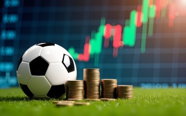 Football soccer ball stands coins stack on grass. Financial market chart in background. Gambling, betting on sports matches, online betting, winning money concept. Financial success in sport.
