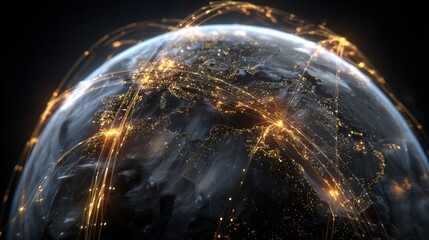 Global Network Connections: Futuristic Earth with Illuminated Data Streams and City Lights