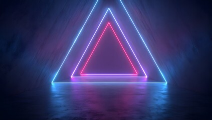 Abstract geometric tunnel of glowing neon triangles in vibrant blue and pink hues reflecting on a wet surface creating a futuristic and ethereal atmosphere