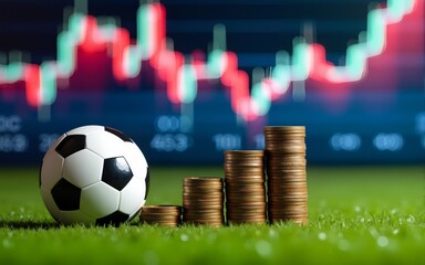 Football soccer ball stands coins stack on grass. Financial market chart in background. Gambling, betting on sports matches, online betting, winning money concept. Financial success in sport.