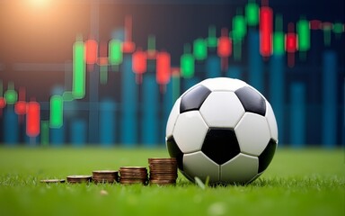 Football soccer ball stands coins stack on grass. Financial market chart in background. Gambling, betting on sports matches, online betting, winning money concept. Financial success in sport.