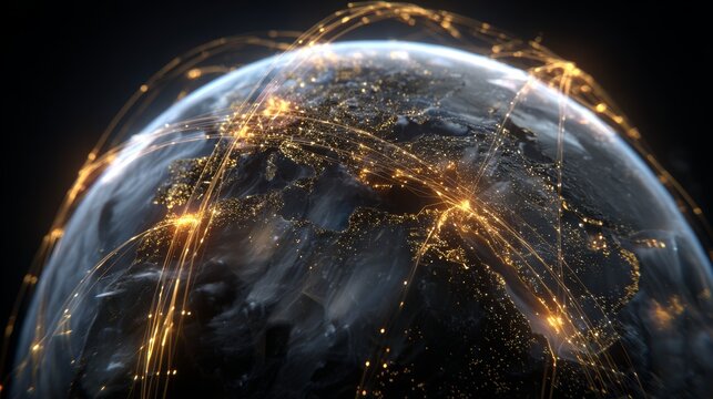Global Network Connections: Futuristic Earth with Illuminated Data Streams and City Lights