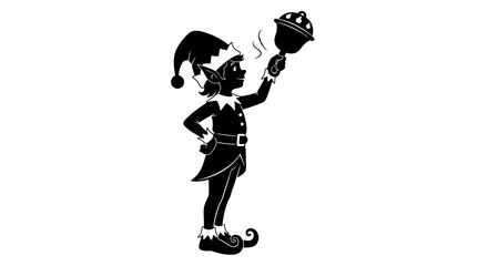 Monochrome silhouette of a festive Christmas elf holding a steaming bell.