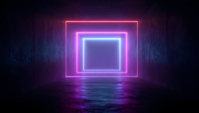 Abstract geometric neon light tunnel with glowing squares and reflections on a dark textured surface creating a futuristic and vibrant visual experience