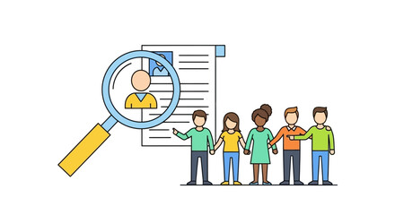 Recruitment process with magnifying glass and people representing teamwork.