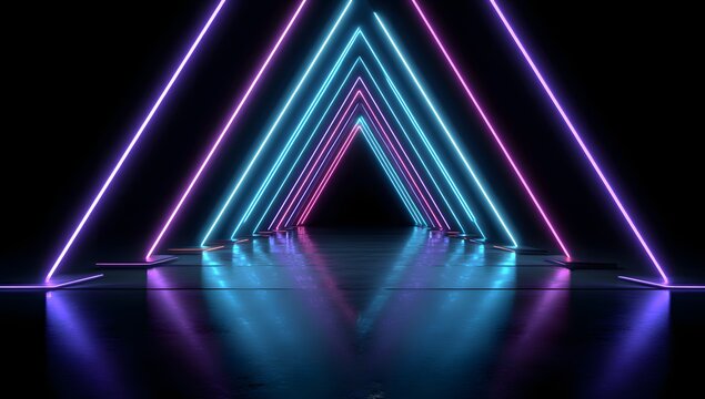 Abstract geometric tunnel formed by glowing neon triangles in vibrant blue and purple hues reflecting on a dark mirrored floor creating a futuristic and ethereal ambiance
