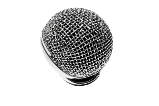 Shiny metal ball grid on curved stand against dark backdrop