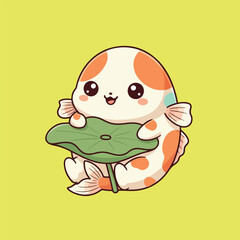 Adorable cartoon koi fish with a joyful expression is holding a green lotus leaf against a cheerful yellow background, showcasing delightful illustration.