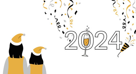 Happy New Year 2024 celebration with champagne and confetti.