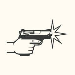 Vector art of hand holding a gun firing a shot with a starburst effect, isolated on a light background