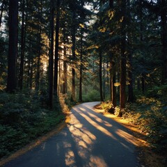 Fototapeta premium Serene Forest Path with Sunlight Filtering Through Tall Trees