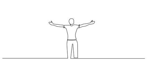 A continuous line of a man standing with open arms. expressing freedom and happiness in a minimalist style. A one-line drawing of a human figure symbolizing joy, positivity, and gratitude.