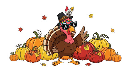 Cool Thanksgiving Turkey with Sunglasses and Festive Hat Surrounded by Pumpkins.