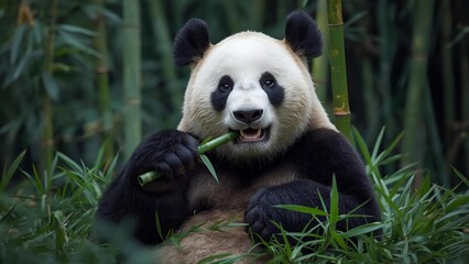 Obraz premium Giant Panda Eating Bamboo in Green Forest