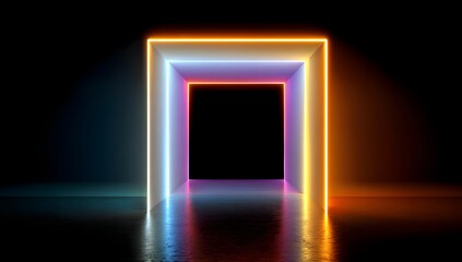 Vibrant rectangular portal illuminated by glowing neon lights in a dark studio with reflective floor creating an immersive futuristic tunnel effect
