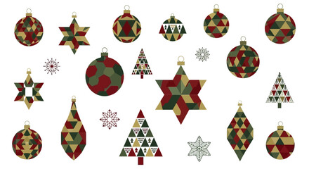 A festive collection of Christmas tree ornaments with unique geometric patterns.