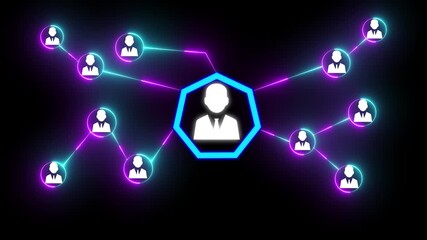Abstract glowing neon icon of People Worldwide Connected Social Network Loop Background. Animation of network of connections with icons and data processing over. - Powered by Adobe