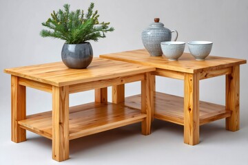 Wooden nesting coffee tables with home decor items