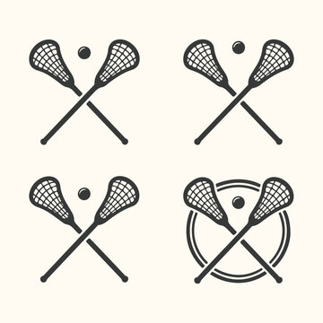 Vector art of set of four crossed lacrosse sticks and balls, graphic illustration