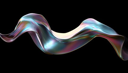 Abstract iridescent fluid wave with metallic sheen and vibrant color shifts against a deep black background showcasing dynamic motion and liquid artistry