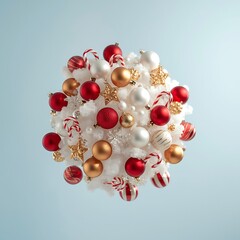 Festive christmas ornament ball with red white and gold decorations