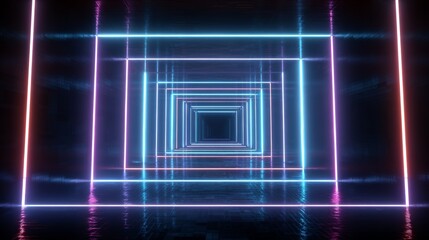 Abstract Neon Tunnel: Pink and Blue Glowing Lines, Futuristic Sci-Fi Corridor, Dark Reflective Floor.