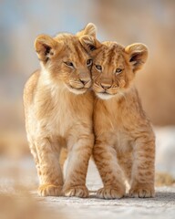 Obraz premium Lion cups sibling concept shows Two lion cubs cuddling together in a tender moment.