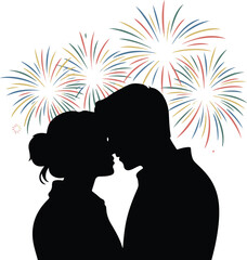 Happy New Year Couple Kiss Silhouette Vector