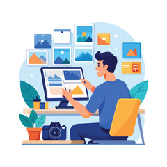 Fototapeta premium Man Editing Photos on Computer, Digital Workspace, Creative Professional